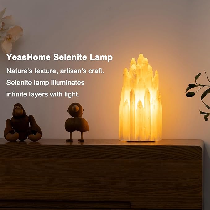 Handcrafted Selenite Lamp Salt Lamp Natural Crystal Light for Relaxation Table Lamp Salt Rock Night Light with Dimmer Switch for Bedroom, Yoga Room, Healing Meditation Decor White