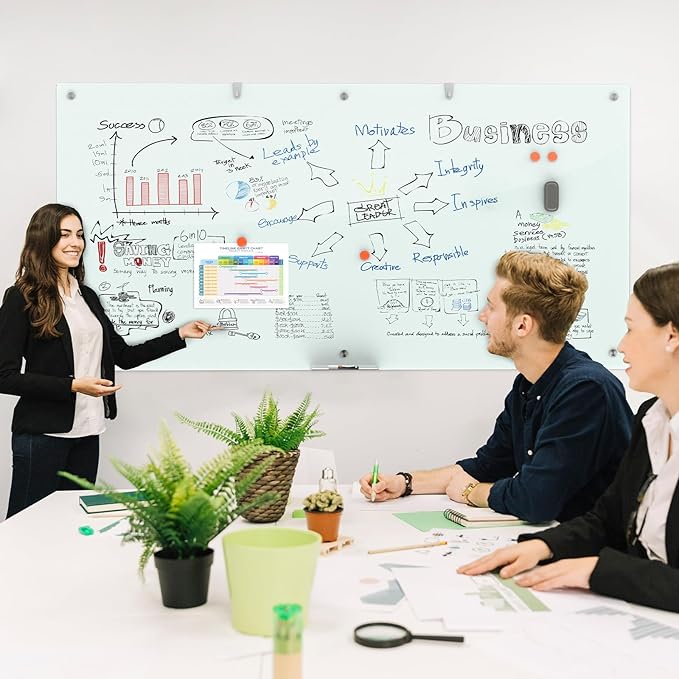 Large Glass Dry Erase Board, 96 x 48 Inches Magnetic Glass Whiteboard for Wall, 8' x 4' Frameless Board for Office, Home, School
