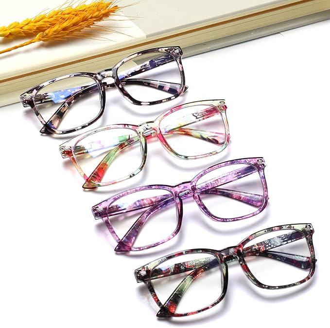 Henotin 4-Pack Blue Light Blocking Reading Glasses Women Men,Spring Hinge Computer Readers,Anti UV Ray Square Nerd Eyeglasses (Ladies Readers with Pattern Print, 1.5, Diopters)