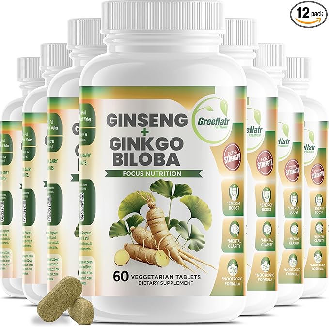 Ginko Biloba & Panax Ginseng Supplement - Red Ginseng Brain Supplement for Memory and Focus - Ginkgo Biloba Supplements for Good Vision, Immune System and Improved Blood Flow - 12 Bottles