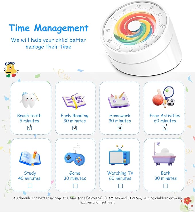 Visual Classroom Timer for Kids - Desk 60 Minutes Countdown Timers for Teachers and Students, Non-Ticking Homeschool Study Supply Time Cognition Tool for Toddler, Easy Rotating and Reading