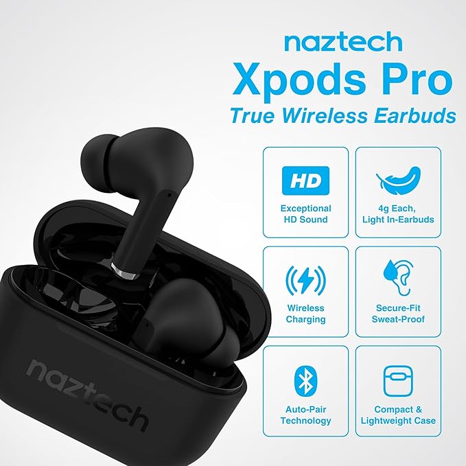 Naztech Xpods PRO Ear Buds - (Black) True Wireless Earbuds Noise Cancelling Earbuds Wireless Bluetooth Earphone for Gym Sound Cancelling in Ear Headphones Fitness Earphones Includes Charging Case