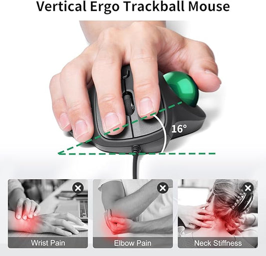 SANWA Wired Ergonomic Trackball Mouse, Optical Vertical Rollerball Mice, Silent Buttons, 34mm Trackball, 600/800/1200/1600 DPI, Compatible with MacBook, Laptop, Computer, Windows, macOS, Green