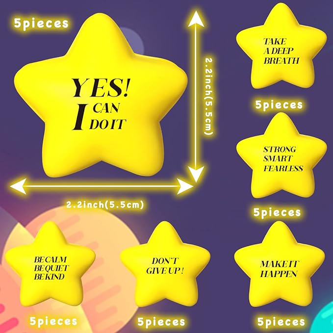 Chalyna 30 Pieces Motivational Star Stress Ball Quote Relief, 2.2 Inch PU Foam Stress Toys Bulk Sensory Star Toy Gifts for Kids Teens Adults Relieve Anxiety Party Supplies(Yellow)