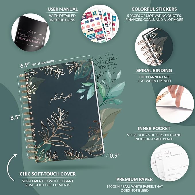 PLANBERRY Weekly Planner Premium – Undated Life Organizer & Budget Planner – Time Management, Goal Setting, To-Do List, Work-Life Balance & Habit Tracker – 6.9″ x 8.5″ (Green Pastures)