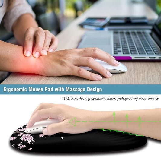 Mouse Pad, Ergonomic Mouse Pad with Wrist Rest Support and Non-Slip PU Base, Cute Mousepad for Pain Relief, Office & Home, Computer, Japanese Plum Blossoms