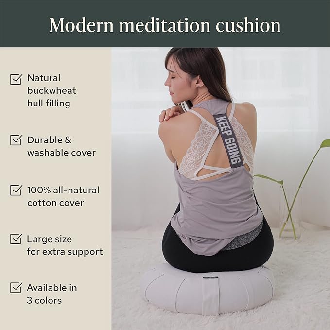 Mindful & Modern Large Meditation Cushion | Zafu Yoga Bolster Meditation Floor Pillow Seat | Buckwheat Hull Filled Crescent Shaped Cushion with Removable Washable Cover + Carry Handle