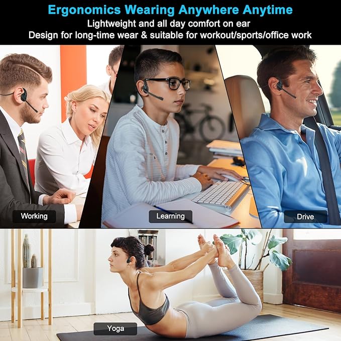 iDIGMALL Bluetooth 5.3 Headset with Microphone, Open Ear Headphones w/Noise Cancelling Mic for Phone PC Computer Laptop, Lightweight & Comfortable Wireless Headset for Office Driving Working Home,10H