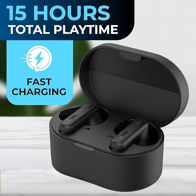 PHILIPS True Wireless Earbuds, TWS Bluetooth 5.3 Headphones, 13mm Drivers, AI Mic for Clear Calls, IPX4 Waterproof, 15 Hours Playtime, Compatible w/iPhone Android & Bluetooth Devices, TAT1138