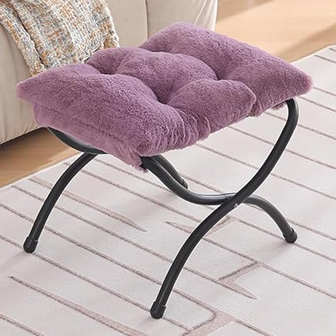 Welnow Folding Foot Stool, Upholstered Small Accent Ottoman with Detachable Thick Cotton Cushion Padded Sofa Stool and Metal Frame for Lazy Chair, Living Room, Bedroom, Plush Purple