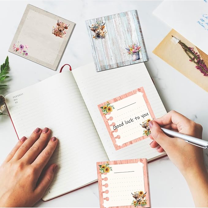 Highland Cow Sticky Notes Set - Lovarywow 9 Pack Highland Cow Sticky Notepad Cute Animals Sticky Notes 3"X3" Adhesive Post Memo Pad Gifts Office Home Cow Print School Supplies 450 Sheets