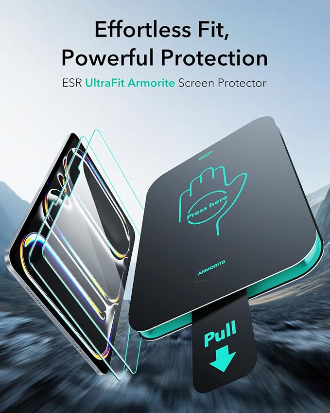 ESR 2 Pack Armorite Screen Protector for iPad Pro 13 Inch M4 2024 (7th Generation), 9H Hardness Tempered Glass Film with UltraFit Tray, Military Grade, HD Clarity, Dust and Bubble Free