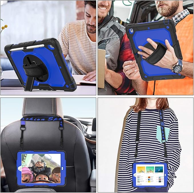 SEYMAC stock Case for iPad 9th/ 8th/ 7th Generation 10.2'', Shockproof with Screen Protector, Pencil Holder [360° Rotating Hand Strap] & Stand, for iPad 10.2 inch 2021-2019 (Blue+Black)