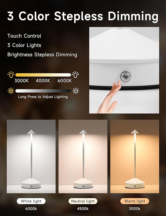 Table Lamps,LED Rechargeable Desk Lamp,Portable Modern USB Battery Operated Lights,Outdoor Waterproof Touch Dimmable,for Patio,Restaurant,Bar,Camping,Dining Home Set of 2 White