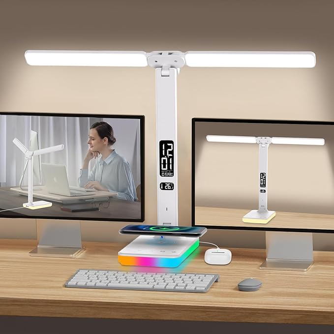 LED Desk Lamp with Wireless Charger, USB Charging Port, Dual Swing Arm Desk Light with 5 Brightness, 3 Colors, Table Lamp with Clock, Alarm, Date, Temperature, Desk Lamp for Home Office Study (White)