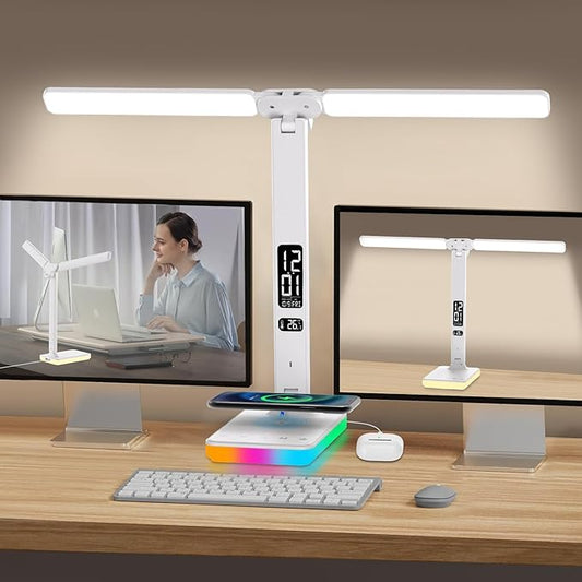 LED Desk Lamp with Wireless Charger, USB Charging Port, Dual Swing Arm Desk Light with 5 Brightness, 3 Colors, Table Lamp with Clock, Alarm, Date, Temperature, Desk Lamp for Home Office Study (White)