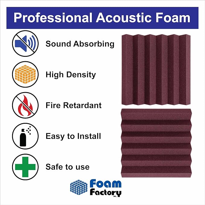 Foam Factory Inc 24 Pack Color Acoustic Foam Panel Studio Soundproofing Wedge Wall Tiles 12” X 12” X 2” (Plum)
