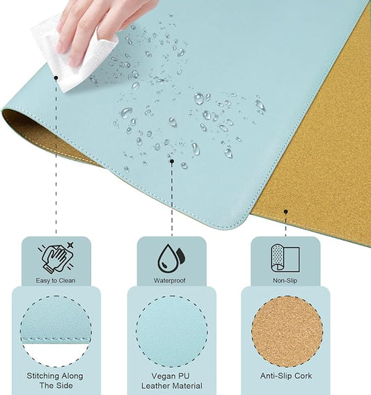 Large Desk Pad, 55'' x 17'', Office Desk Mat, Computer Mat for Desk, Leather Desk Pad for Home & Office, Light Blue