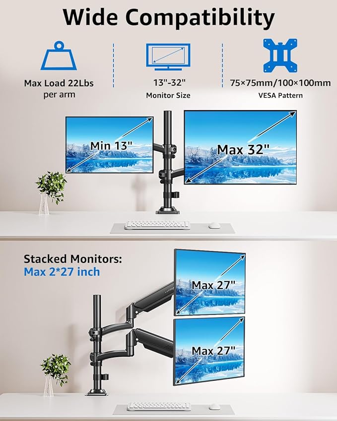 Dual Monitor Stand Holds 4.4-22 lbs Each, Dual Monitor Arm for 2 Monitors, Height Adjustable Computer Desk Mount for Max 32 inch Screens, VESA Mount with C-clamp & Grommet Base, Freelift Black