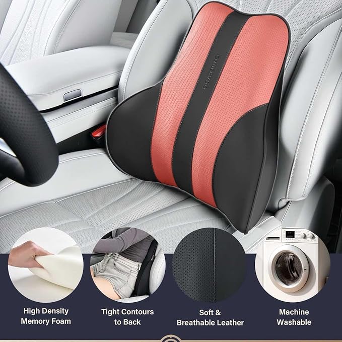 Coverado Lumbar Support Pillow for Car, Ergonomic Memory Foam Back Pillow for Office Chair, Back Cushion for Back Pain Relief, PU Leather Car Lumbar Support for Driving Seat
