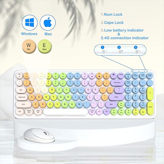 Colorful Wireless Keyboard Mouse Combo, Gradient Rainbow Colors 100 Keys and 2.4GHz Optical Mouse Connection for Windows, Mac, Laptop, PC, Desktop (White Colorful)