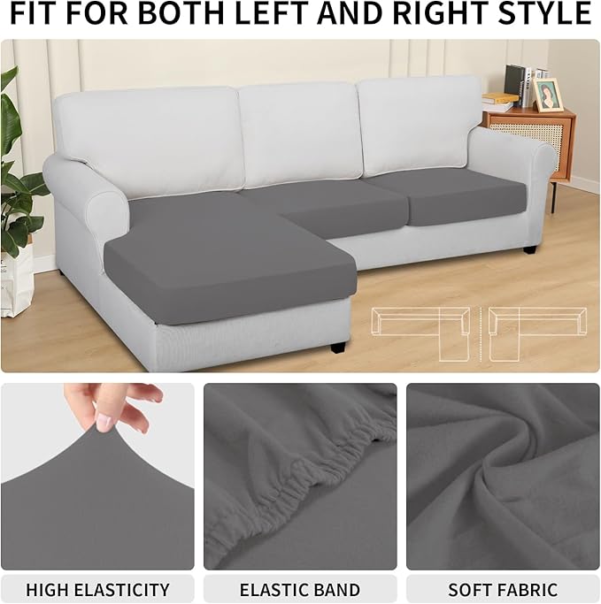Easy-Going 100% Waterproof 3 Pieces Couch Cushion Covers for Sectional Sofa Left/Right L Shape Chaise Lounge Sofa Seat slipcover Anti-Slip Sofa Cover (2 Seater + 1 Chaise, Light Gray