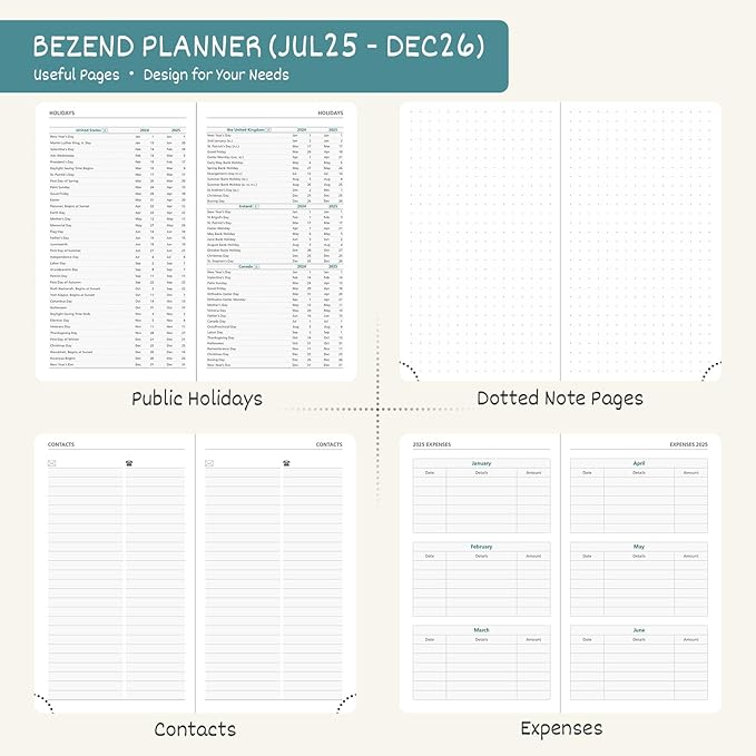 BEZEND Pocket Planner 2025-2026 Weekly and Monthly, 3.5" x 6" Academic Planner (Jul 25-Dec 26) 18-Month Mid-Year Calendar Book, Storage Pocket, Pen Holder, PU Leather Hardcover - Blueberry