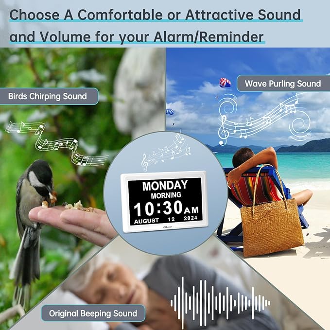Soobest Digital Dementia Alarm Clock for Seniors Elderly, Electric Large Display Date Day of Week Time Calendar Clock 20 Reminders 3 Ringtones for Memory Loss Alzheimers, Auto DST/Dimmer, 1024*600P HD
