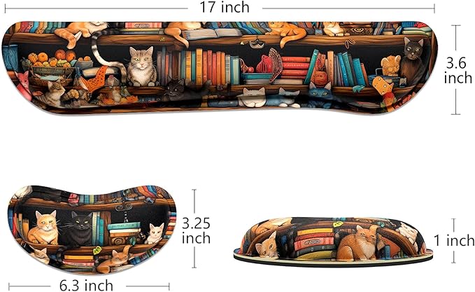 Dapesuom Enlarge Keyboard Wrist Rest, Memory Foam Wrist Cushion for Desk Mats Support, Cute Typing Pain Relief Keyboard Mouse Pad Rests Set with Non-Slip Base for Gaming Laptop Computer, Library Cats