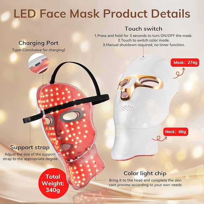 Red Light Therapy Mask for Face,Cordless 120 LED Face Mask Light Therapy with Neck Device,USB C Rechargeable,Infrared Light Therapy Mask for Home Working Travel Yoga Sleep