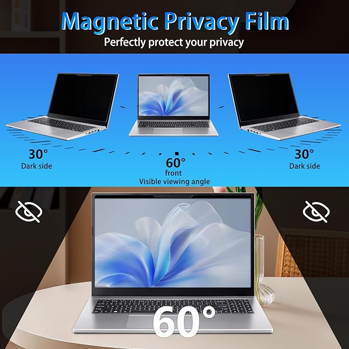 Magnetic Privacy Screen 15.6" 16:9 for Laptops - 2-Sided Removable Anti-Peeping/Anti-Glare, Blue Light Block, UV Protect, Reduce Strain, Fits Chromebook/Lenovo/HP/Dell/Acer/ASUS/XPS