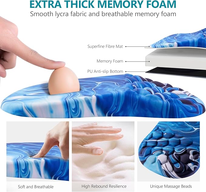 Mouse Pad Wrist Support, Ergonomic Mouse Pad with Wrist Rest, Comfortable Computer Mouse Pad for Laptop, Pain Relief Mousepad with Non-Slip PU Base Ocean Blue