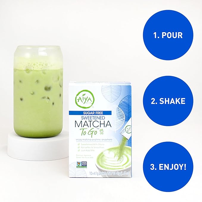 Aiya Sugar-Free Sweetened Matcha To Go Sticks - Stevia Sweetened Packets, Premium Japanese Matcha Powder, Gluten-Free - 10 Single-Serving Sticks
