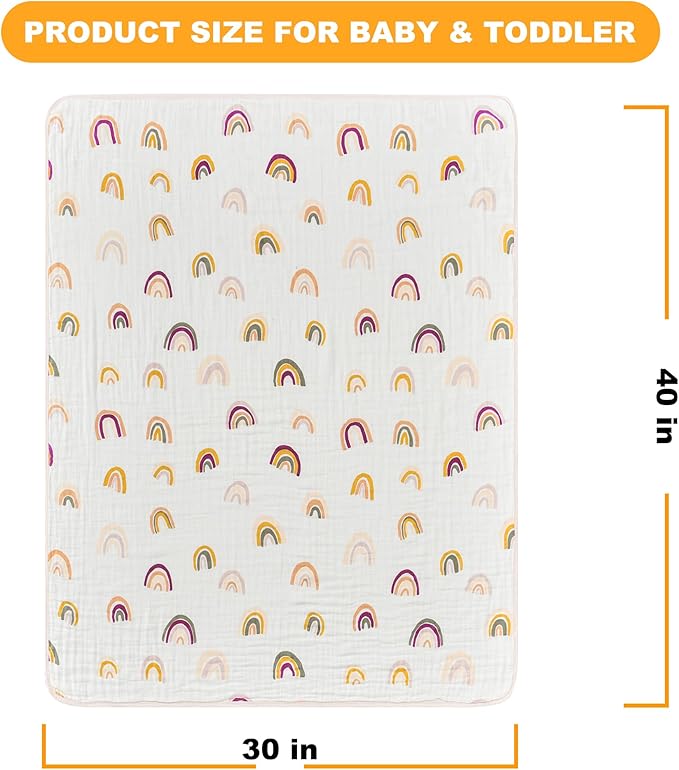ZPECC Muslin Baby Blanket Thicker, 30x40 Organic Cotton Newborn Receiving Quilt Hypoallergenic for Baby Essentials Swaddle Crib Stroller, Rainbow