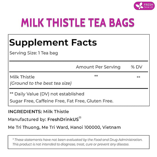 FreshDrinkUS, Premium 75 Milk Thistle Tea Bags, 100% Natural & Pure from Milk Thistle Seeds. Milk Thistle Seed Herbal Tea. Made with Natural Material Tea Bags. No Sugar, No Caffeine, No Gluten, Vegan.