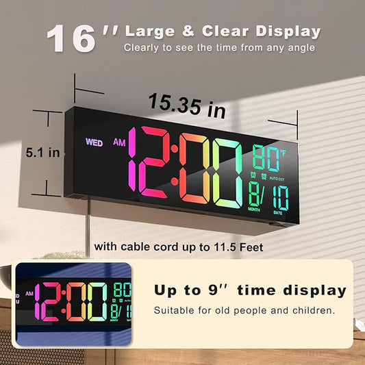 JALL 16" Large Digital Wall Mount Clock, Count Down Timer, Alarm, Big LED, 8 RGB Color, DST, Temperature for Living Room Classroom Desk, Xmas, Birthday Gift for Senior Mom Dad (Black, 16 inches)