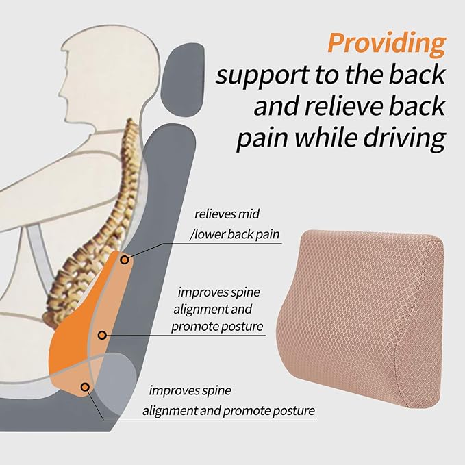 Memory Foam Lumbar Support Pillow for Car - Lower Back Support Cushion for Driving, Back Pain Relief for Car Seat, Office Chair, Wheelchair (Beige)