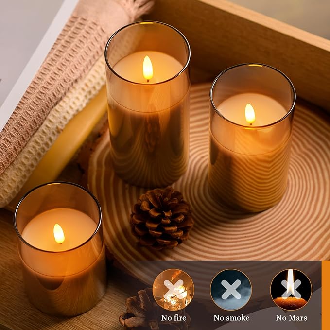 Glass Battery Operated LED Flameless Candles with Remote and Timer, Real Wax Candles Warm Color Flickering Light for Festival Wedding Home Party Decor(Pack of 3)-Grey