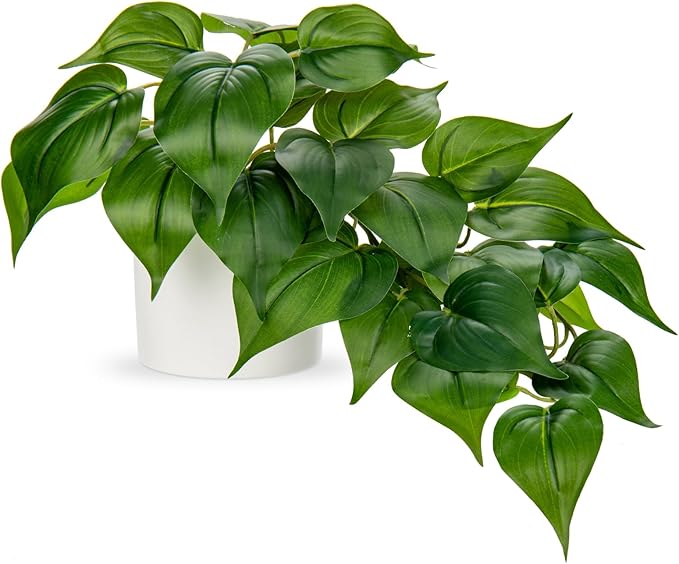 Hollyone Artificial Plants Potted Fake Plants in White Ceramic Pot Faux Pothos Haning Plants Indoor for Home Living Room Shelf Office Aesthetic Decor