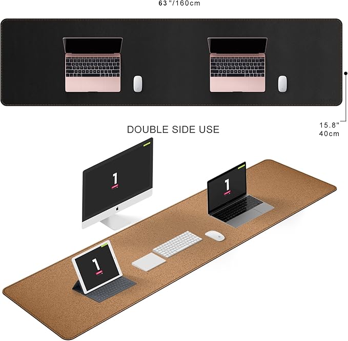 MAIDERN 63”x 15.7” Leather Desk Pad, Large Desk Mat, Cork & Leather Large Mouse pad for Desk, Waterproof Computer Desk Pad for Gaming Home Office (Black) …