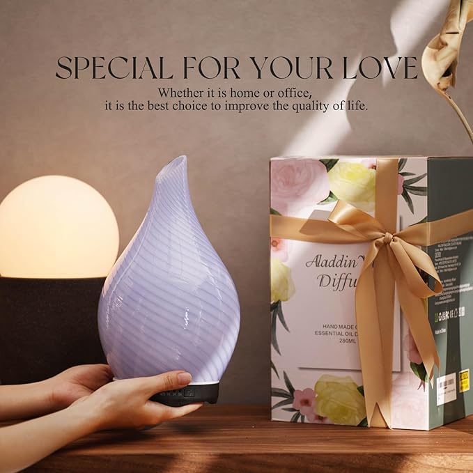 Porseme 280ml Essential Oil Diffuser Glass Color Changing Aroma Air Diffusers Aromatherapy Ultrasonic Cool Mist Humidifier 7 Running Hours Waterless Auto-Off for Sleeping, Yoga, Spa (Pure Purple)