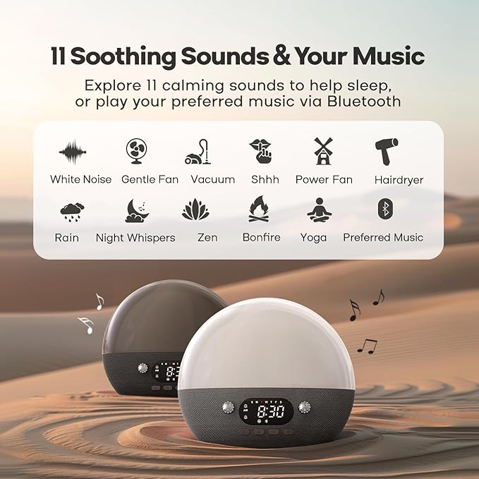 Dekala RestOnn Sunrise Alarm Clock 7-Day Programmable Dual Alarm Clock with Sunset White Noise Sound Machine Natural Sounds Amber Night Light, Bluetooth Speaker, 3000mAh Battery Backup, App Control