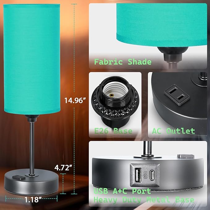 Table Lamp with USB Port - Desk Lamp, Green Touch Lamp, Bedside Lamps, 3 Way Dimmable Small Lamps for Bedroom, Nightstand, Nursery, Dorm, Home, Office, Black Base+ Green Lampshade