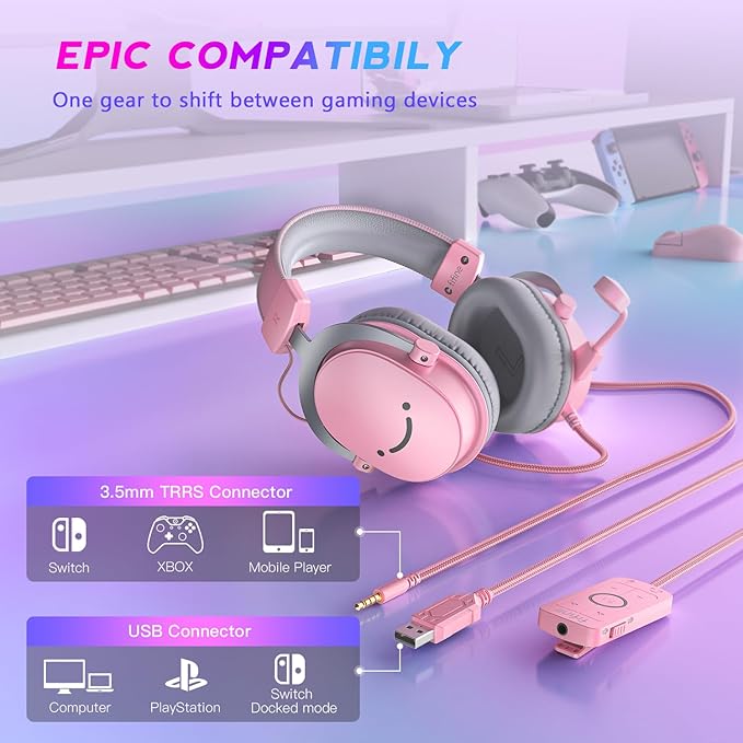 FIFINE USB Gaming Headset, PC Over-Ear Wired Streaming Headset with 3.5mm Jack, Detachable Microphone, 7.1 Surround Sound, Control Box, Passive Noise Cancellation, for PS5/Xbox/Switch-H9 Pink