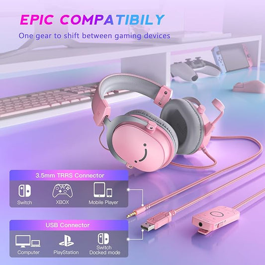 FIFINE USB Gaming Headset, PC Over-Ear Wired Streaming Headset with 3.5mm Jack, Detachable Microphone, 7.1 Surround Sound, Control Box, Passive Noise Cancellation, for PS5/Xbox/Switch-H9 Pink