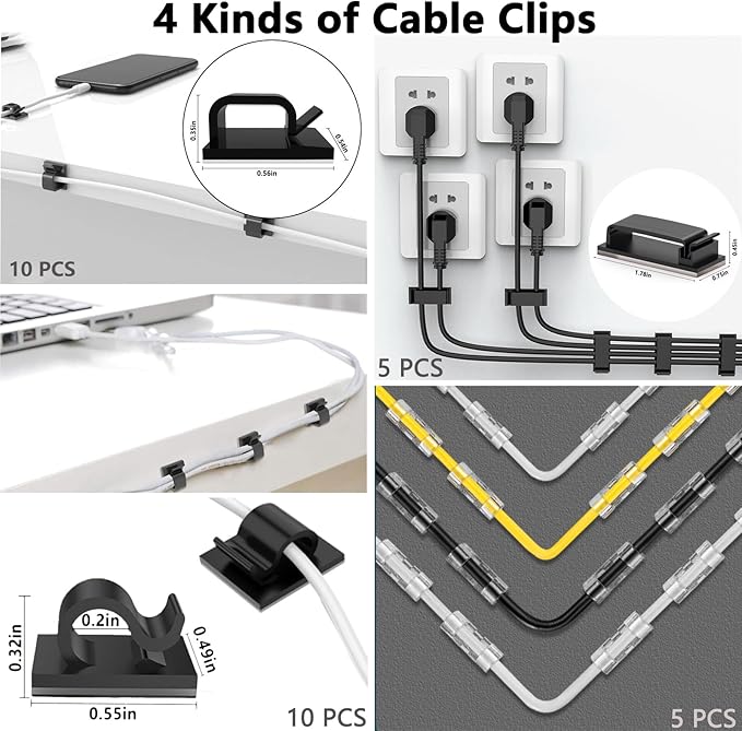 ELII 302PCS Cable Management Kit 4 Cable Sleeve,45Cable Clips,11Cable Holders,22 Roll Cable Organizer Straps and 200 Fastening Cable Ties,20 Cable Zip Tie Mounts Computer Under Desk (Black)