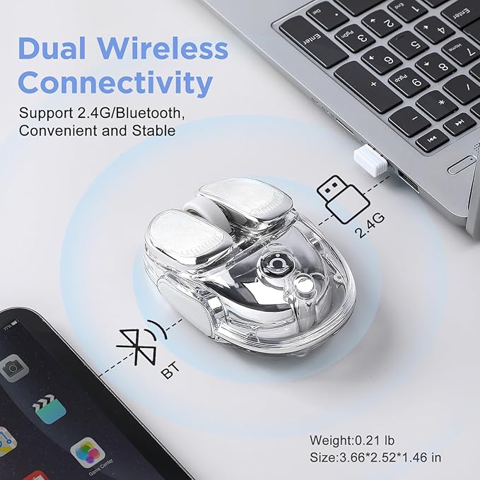 Q9 Wireless Mouse, 2.4G/BT Dual Mode, 4 Adjustable DPI (800-4800), Ultra-Quiet Click, Bluetooth Mouse with RGB Breathing Light, 500mAh Long Battery, Portable for PC/Laptop/Mac/Tablet(Silver)