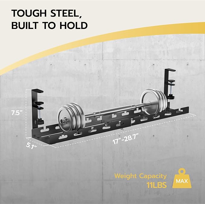 ARES WING 17"-28.7" Extendable Under Desk Cable Management Tray with Cable Slots, Clamp On Cord Organizer Holds Up to 11 lbs, Black Metal Under Desk Storage for Office and Gaming Accessories