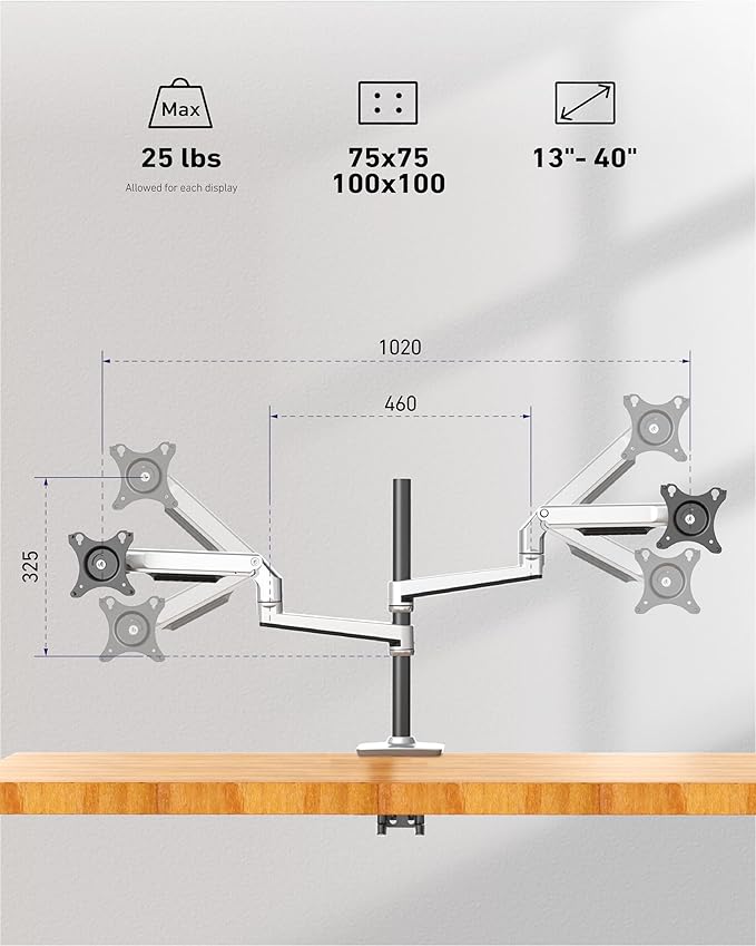 Quad Monitor Mount, Holds Screens up to 40 Inches and 25 lbs, Fully Adjustable 4 Monitor Mount with C-Clamp and Grommet Base, Aluminum, Silver