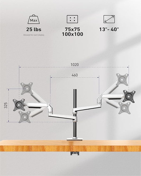 Quad Monitor Mount, Holds Screens up to 40 Inches and 25 lbs, Fully Adjustable 4 Monitor Mount with C-Clamp and Grommet Base, Aluminum, Silver
